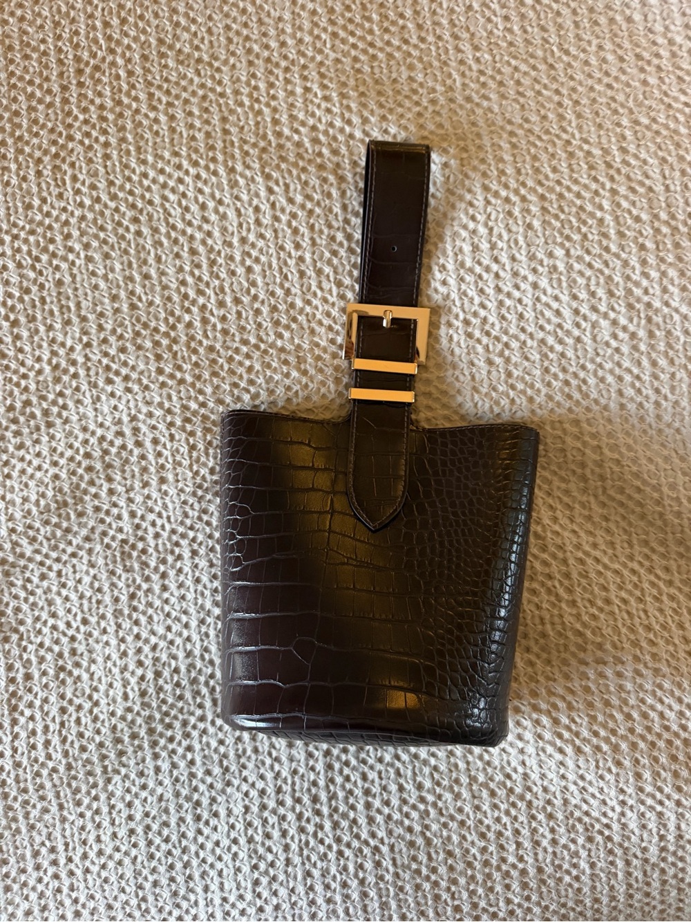 Mango Mini Croc-Embossed Bucket Bag in Dark Brown with Gold Hardware